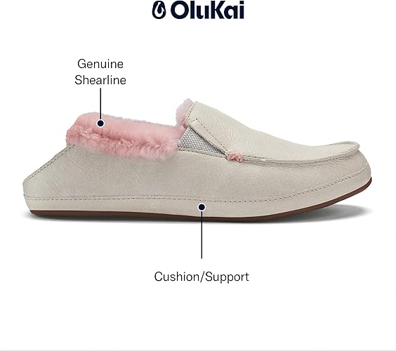 OLUKAI Ku'una Women’s Slippers – Genuine Shearling, Nubuck Leather & Drop-In Heel