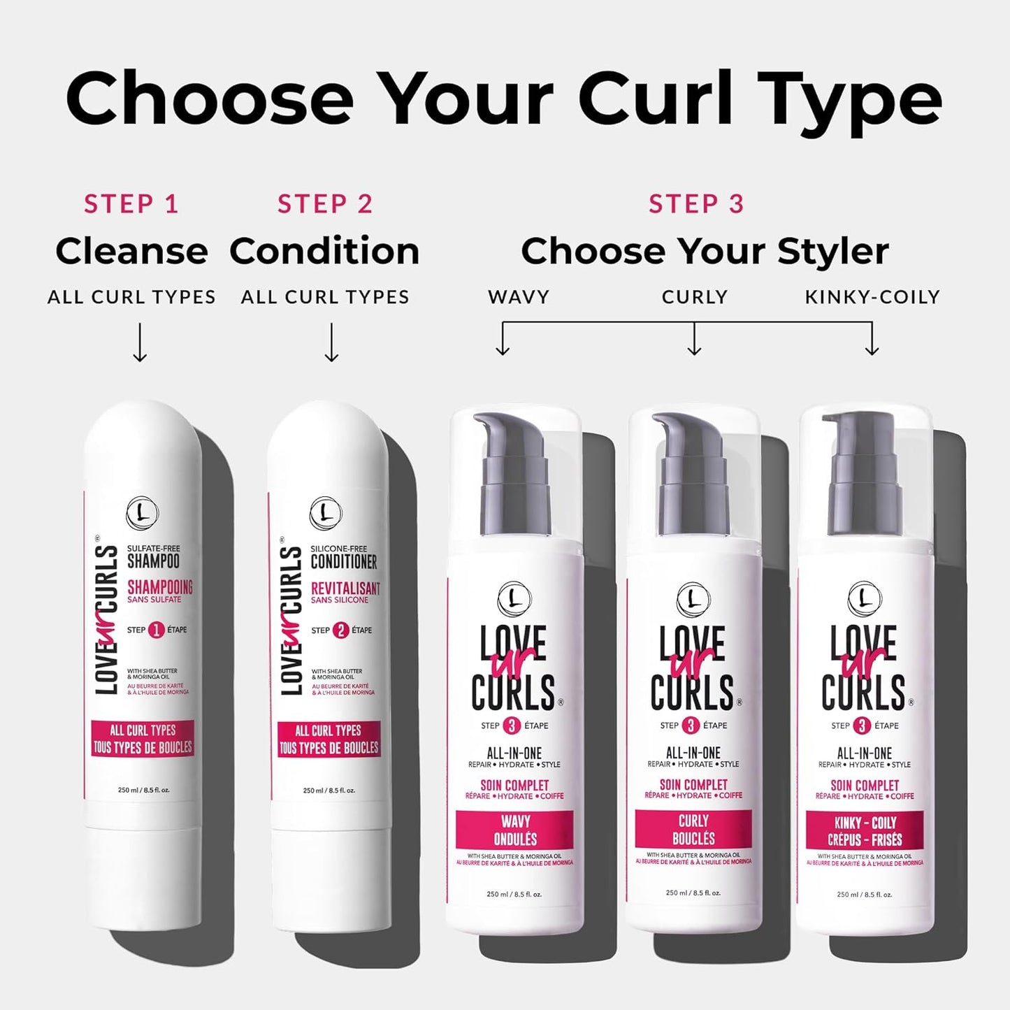 Love Ur Curls 3-Step System – Shampoo, Conditioner & Curl Cream Styler for Defined, Moisturized Curls – Sulfate-Free, Vegan, 8.5 oz Set