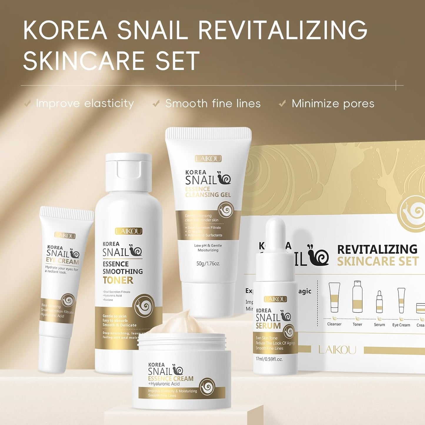 LAIKOU Korean Snail Skin Care Gift Set – Complete Face Routine with Serum, Toner, Eye Cream, Masks & Cleansing Gel – Hydrating & Nourishing Kit for Women & Teens