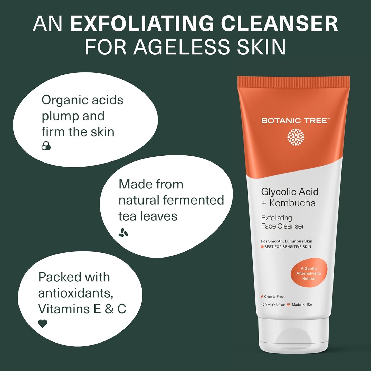 Botanic Tree Kombucha & Glycolic Acid Exfoliating Face Wash – Anti-Aging Cleanser with Probiotics & Antioxidants for Acne, Dark Spots & Fine Lines
