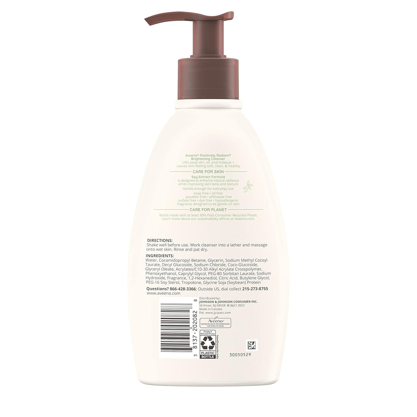 Aveeno Positively Radiant Brightening Facial Cleanser with Soy Extract | Gentle, Oil-Free Face Wash for Sensitive & Dull Skin | Hypoallergenic, Non-Comedogenic | 11 fl oz