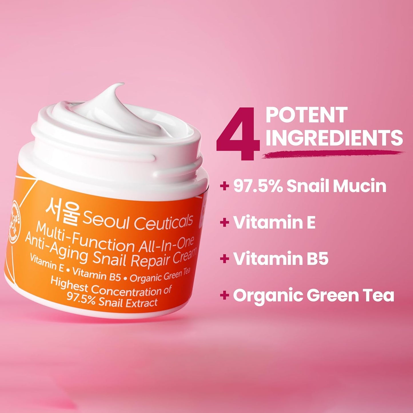 SeoulCeuticals Snail Mucin Moisturizer Cream 97.5% | Korean K-Beauty Day & Night Hydrating Repair Cream | Anti-Aging, Brightening & Cruelty-Free (2 fl.oz)