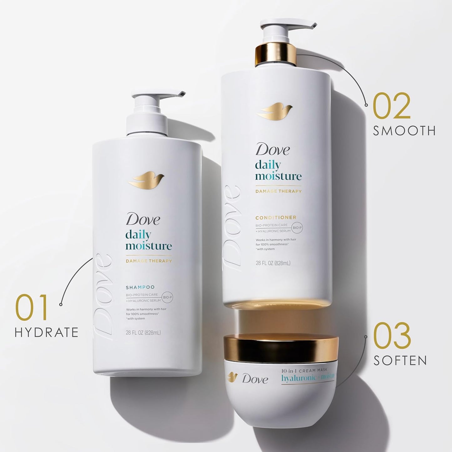 Dove Daily Moisture Shampoo | Damage Therapy for Dry Hair | With Bio-Protein Care & Hyaluronic Serum | 28 fl oz