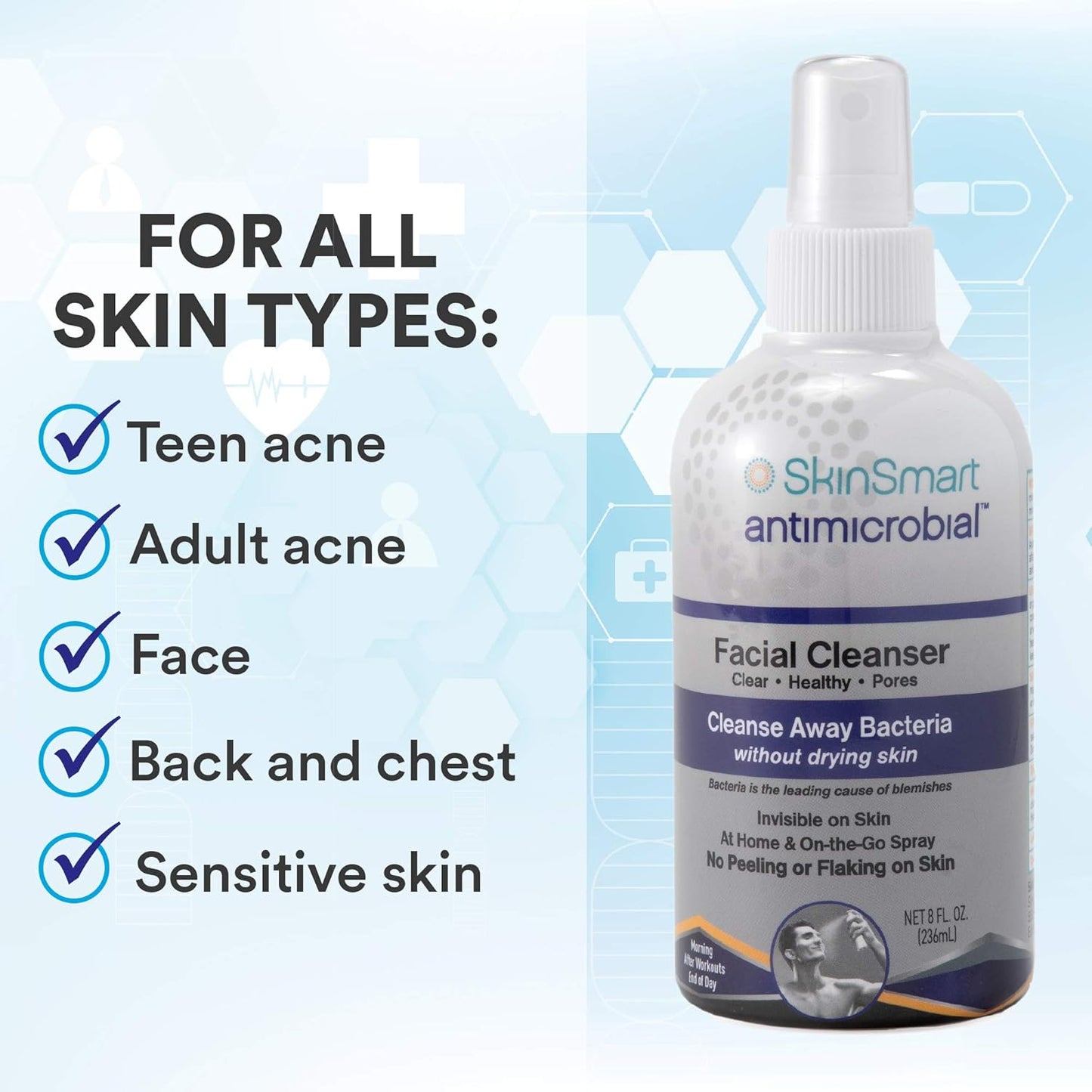 SkinSmart Antimicrobial Facial Cleanser for Acne | Gentle Spray Wash for Face, Chest & Back | Targets Bacteria, Safe for Sensitive Skin, 8 oz
