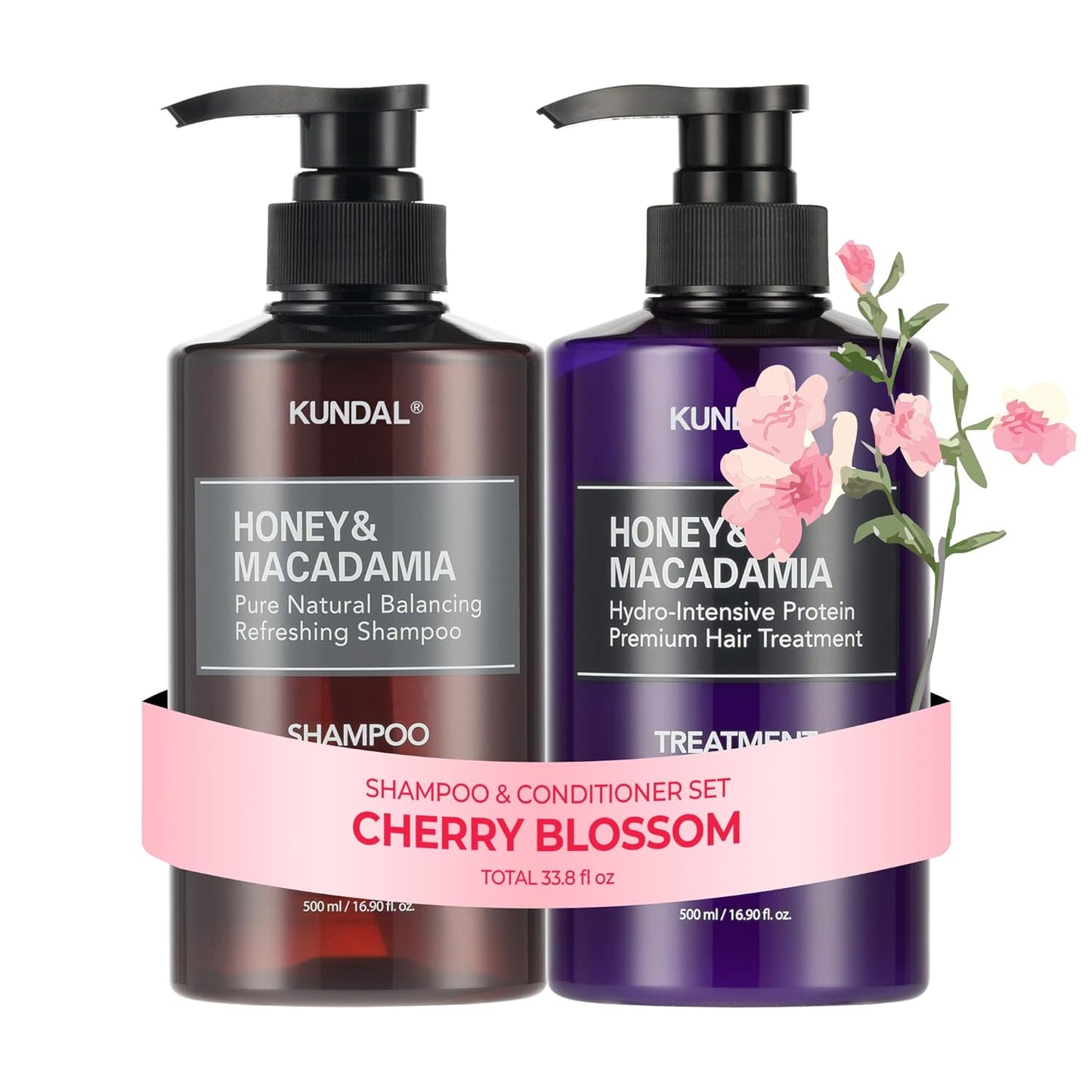 KUNDAL Korean Shampoo & Conditioner Set – Cherry Blossom Scent, Sulfate-Free with Argan & Macadamia Oil – Anti-Frizz & Moisturizing, 16.9 fl oz Each, 2 Pack