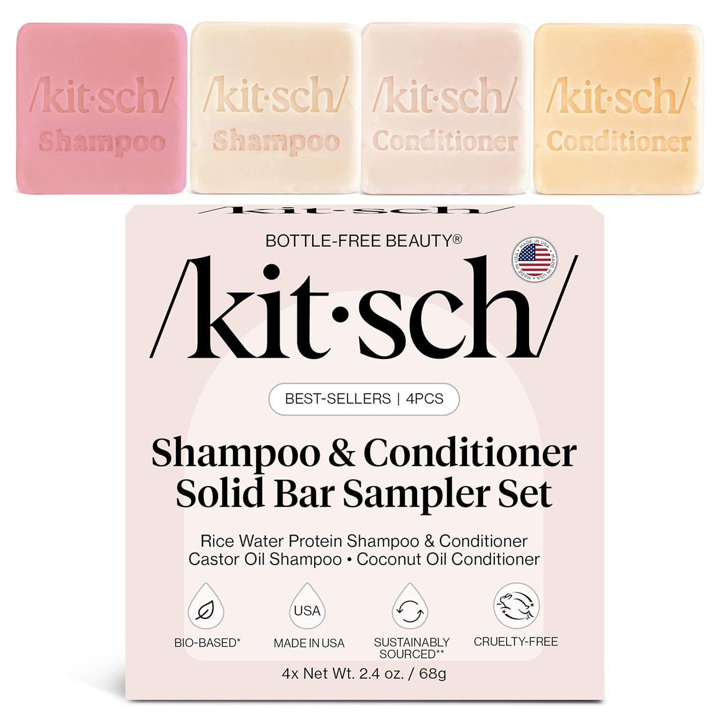 Kitsch Shampoo & Conditioner Bar Set | 4pc Sampler with Rice Water, Castor Oil & Coconut Oil | Bottle-Free, Eco-Friendly Hair Growth, Repair & Moisture