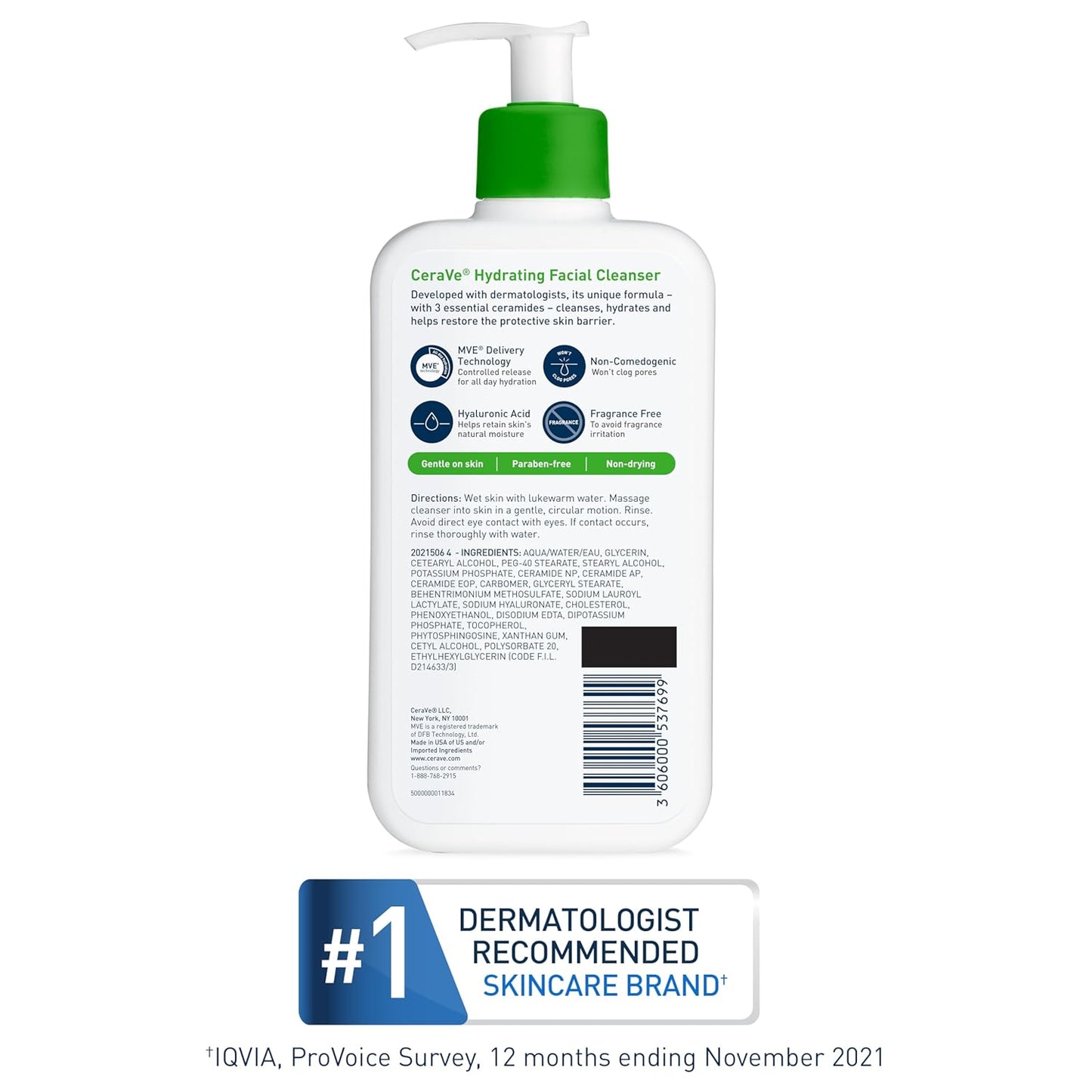 Limpiador facial hidratante CeraVe | Limpiador facial hidratante diario con ácido hialurónico y ceramidas | Para piel normal a seca | 473 ml
