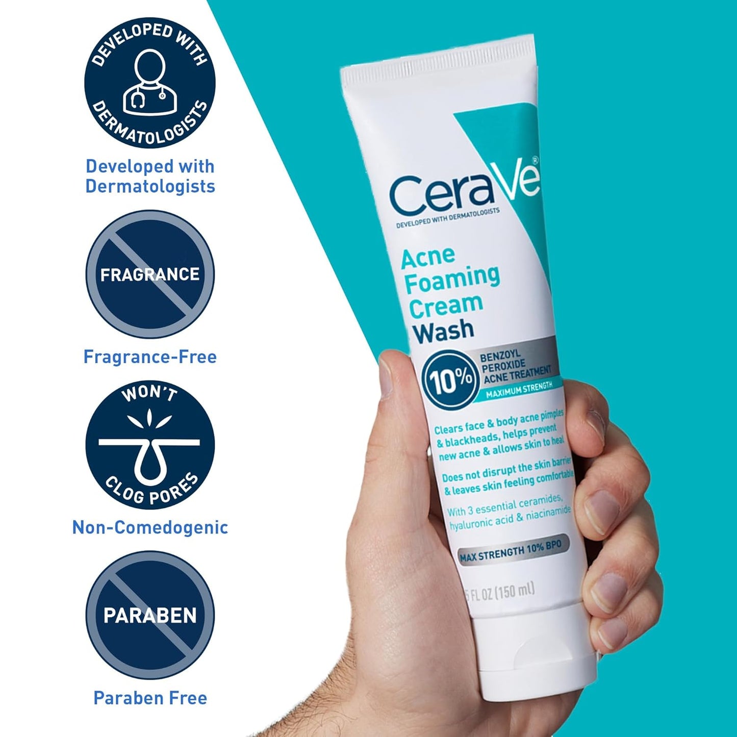 CeraVe Acne Foaming Cream Wash with 10% Benzoyl Peroxide & Niacinamide – 5oz