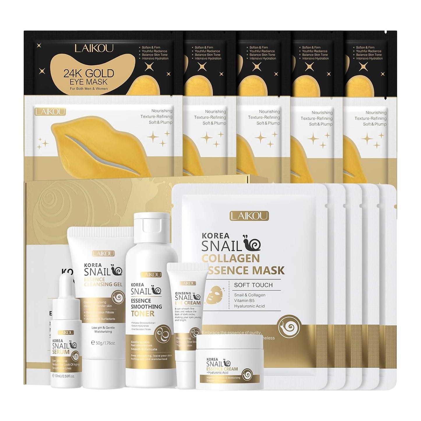 LAIKOU Korean Snail Skin Care Gift Set – Complete Face Routine with Serum, Toner, Eye Cream, Masks & Cleansing Gel – Hydrating & Nourishing Kit for Women & Teens