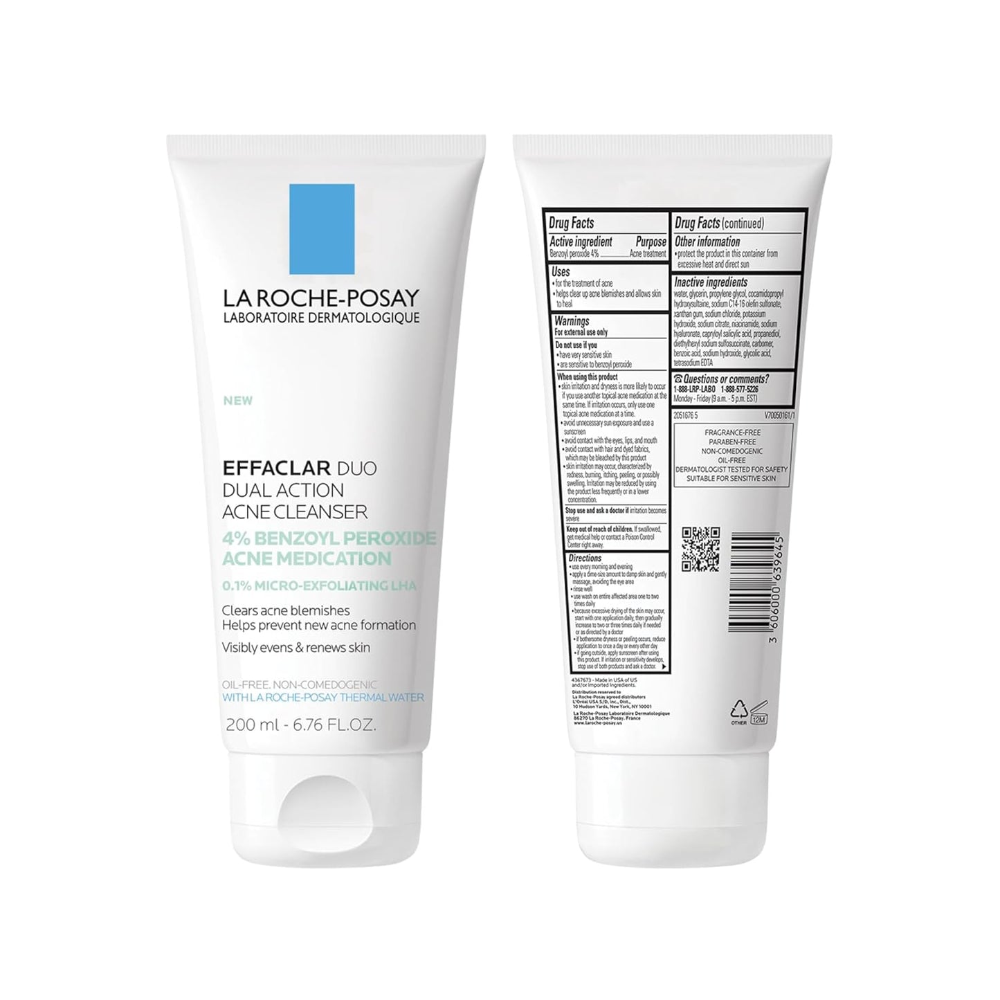 La Roche-Posay Effaclar Dual Acne Face Wash with 4% Benzoyl Peroxide & LHA, 6.76oz