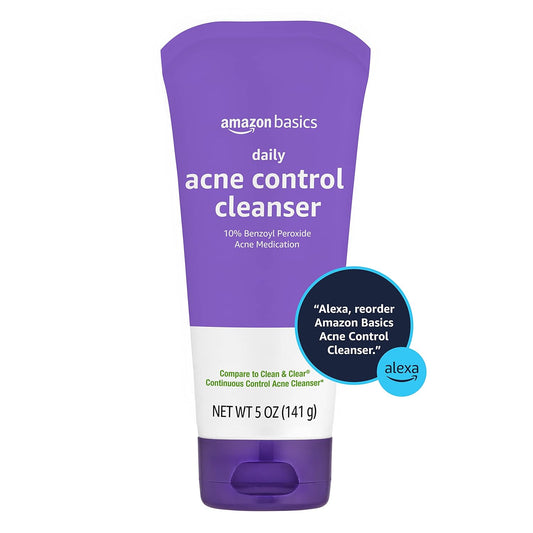 Amazon Basics Acne Cleanser Face Wash | Daily Control with 10% Benzoyl Peroxide | Maximum Strength Acne Treatment