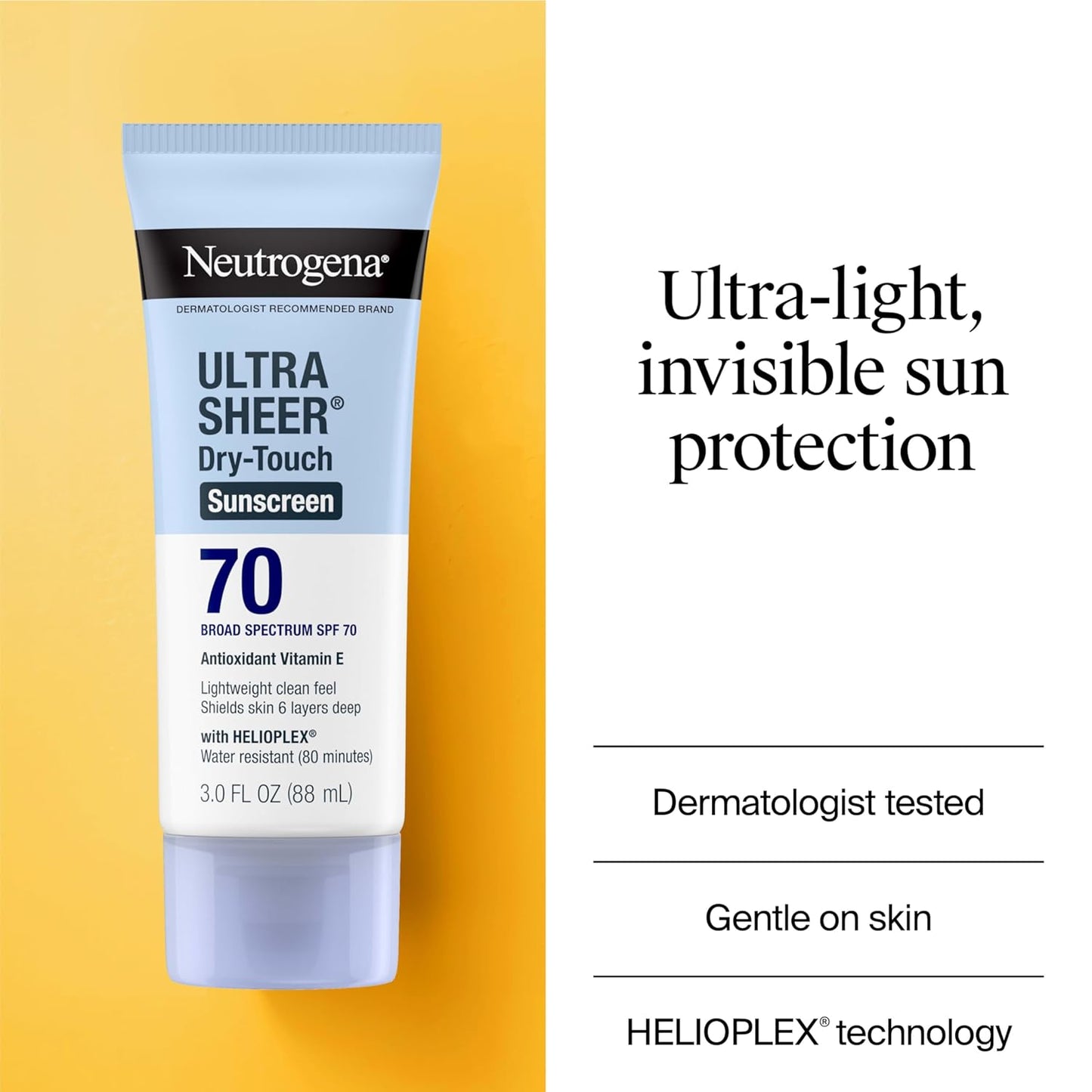 Neutrogena Ultra Sheer Dry-Touch Sunscreen SPF 70 – Oil-Free, Water-Resistant, 3 fl oz Travel Size