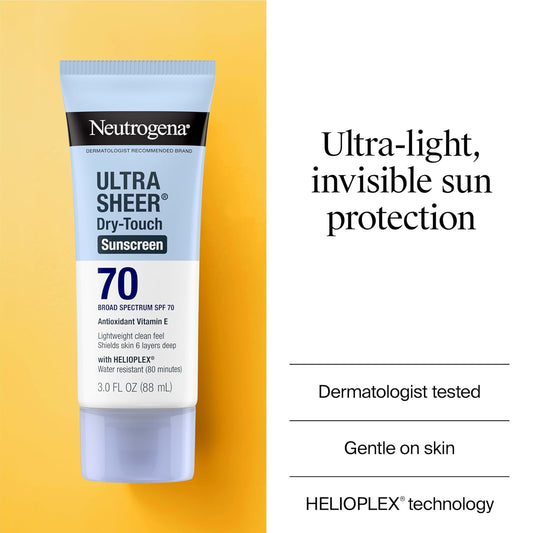 Neutrogena Ultra Sheer Dry-Touch Sunscreen SPF 70 – Oil-Free, Water-Resistant, 3 fl oz Travel Size