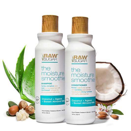 Raw Sugar Moisture Smoothie Shampoo & Conditioner Set – Hydrating Coconut Oil, Agave & Almond Milk for Dry, Frizz-Prone Hair – Sulfate & Paraben Free