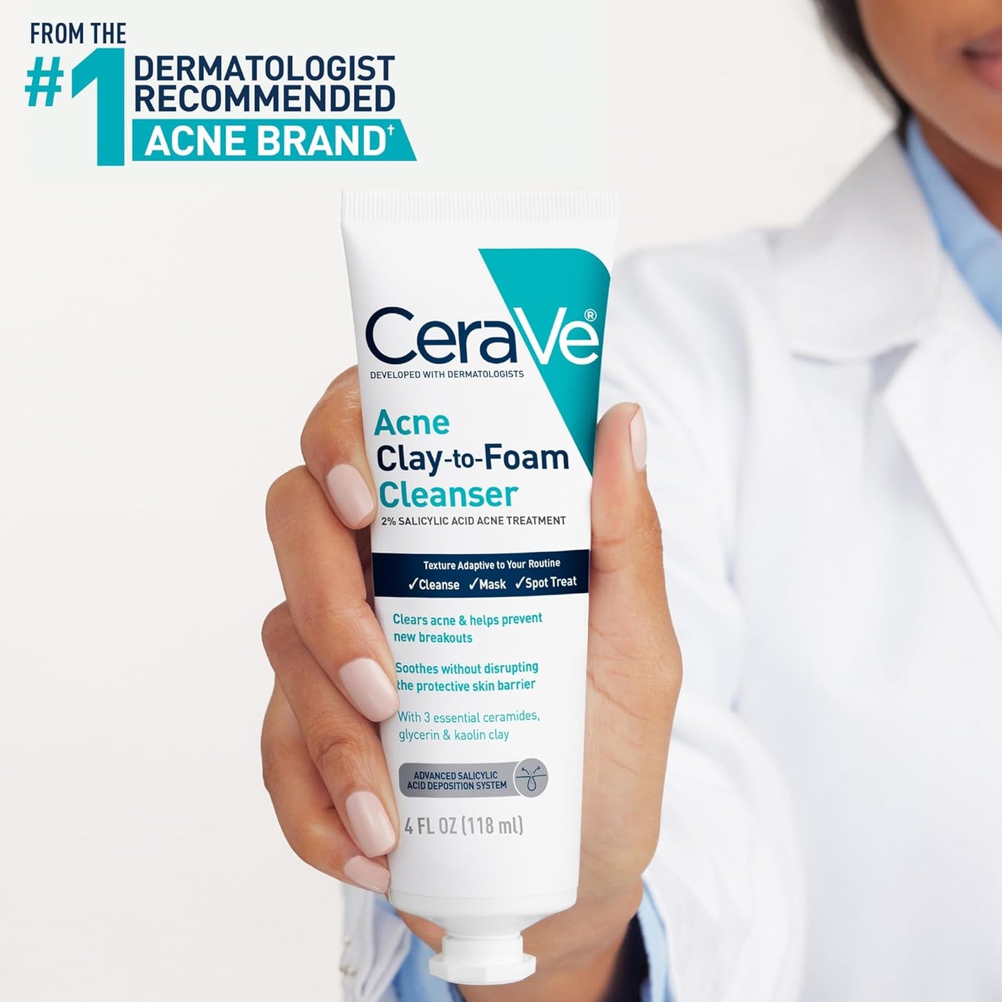 Limpiador facial para el acné CeraVe Clay-To-Foam con ácido salicílico y arcilla de caolín – 113 ml