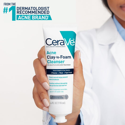 CeraVe Clay-To-Foam Acne Face Wash with Salicylic Acid & Kaolin Clay – 4oz
