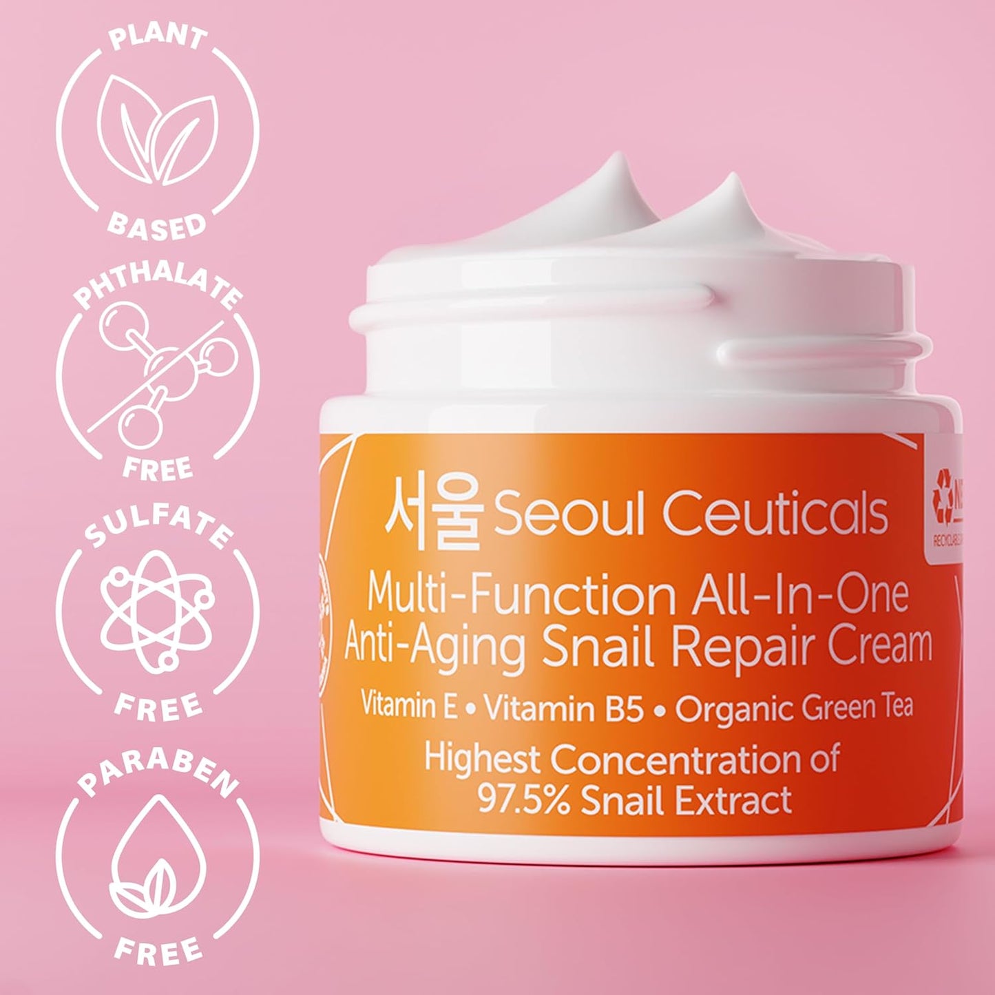 SeoulCeuticals Snail Mucin Moisturizer Cream 97.5% | Korean K-Beauty Day & Night Hydrating Repair Cream | Anti-Aging, Brightening & Cruelty-Free (2 fl.oz)