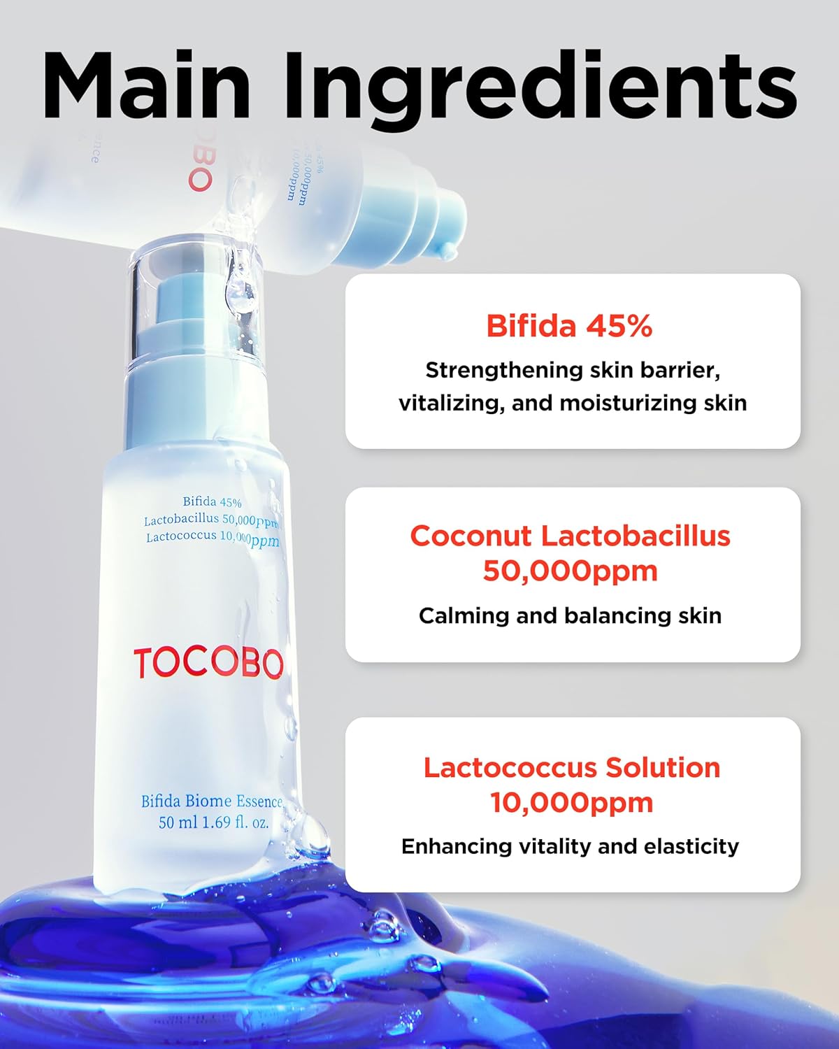 TOCOBO Bifida Biome Essence – Vegan Korean Skin Repair Serum with Probiotics & Niacinamide | Hydrating Barrier Essence for Radiant, Resilient Skin (50ml / 1.69 fl.oz.)