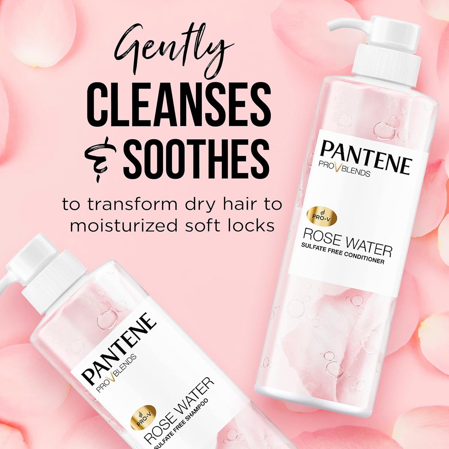 Pantene Rose Water Sulfate-Free Shampoo & Conditioner Set – Moisturizing & Soothing with Pro-V Blend + Vitamin B5 – For All Hair Types, 17.9 oz Each, 2 Pack