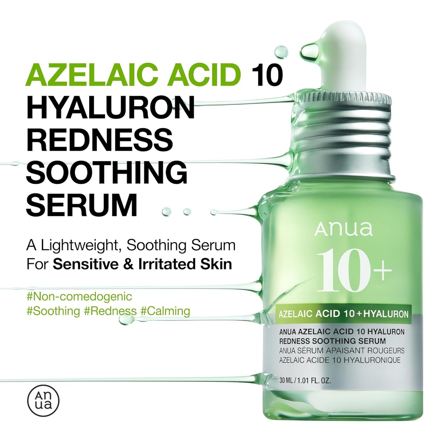 Anua Azelaic Acid 10 Hyaluron Redness Soothing Serum | Calming, Hydrating & Brightening Face Serum for Sensitive Skin – Vegan Korean Skincare (30ml)