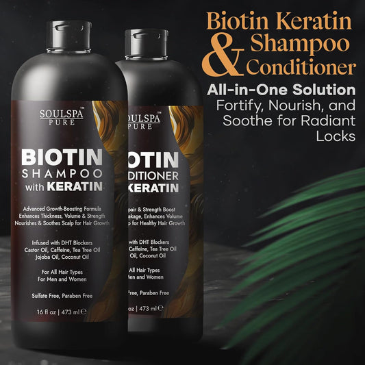 Biotin Shampoo & Conditioner Set with Keratin – Anti-Thinning, DHT Blocker Hair Growth Formula – Sulfate-Free Repair for Men & Women, 16 fl oz Each