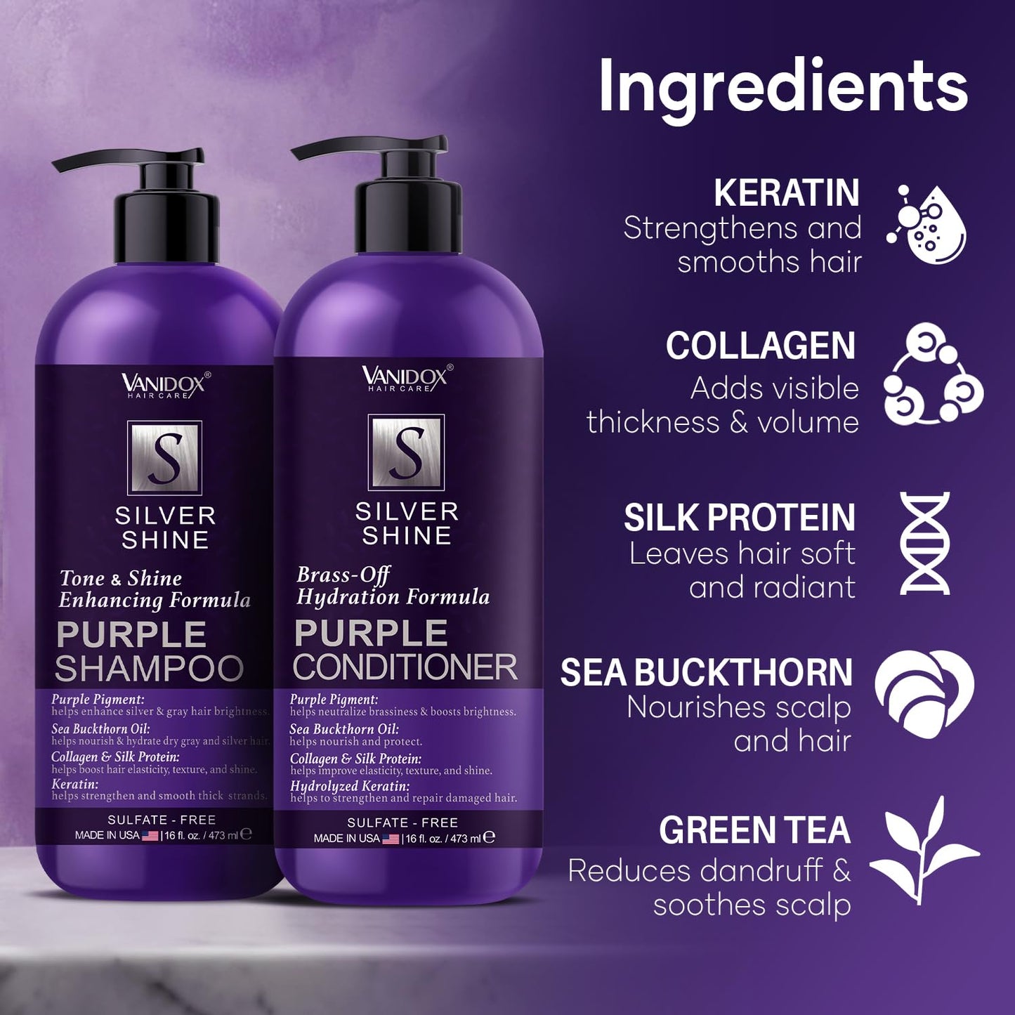 VANIDOX Purple Shampoo & Conditioner Set | Sulfate-Free Brass Toning for Grey & Silver Hair | Moisturizing, Shine-Boosting & Color-Safe (16 fl oz x 2)