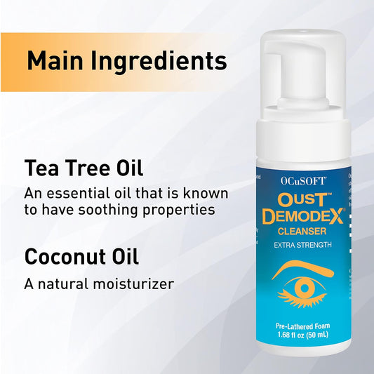 OCuSOFT Oust Demodex Foam Cleanser – Extra Strength Eyelid & Eyelash Cleanser with Tea Tree Oil, Removes Oil, Debris & Pollen (1.68 fl oz)