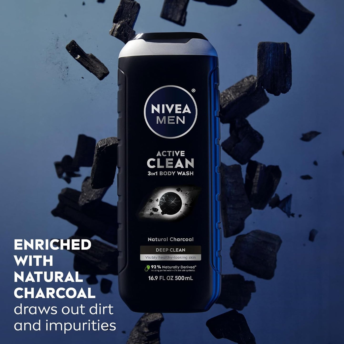 NIVEA Men Active Clean Body Wash with Natural Charcoal – 3-in-1 Face, Hair & Body Cleanser, Long-Lasting Scent, Pack of 3 (16.9 fl oz Each)