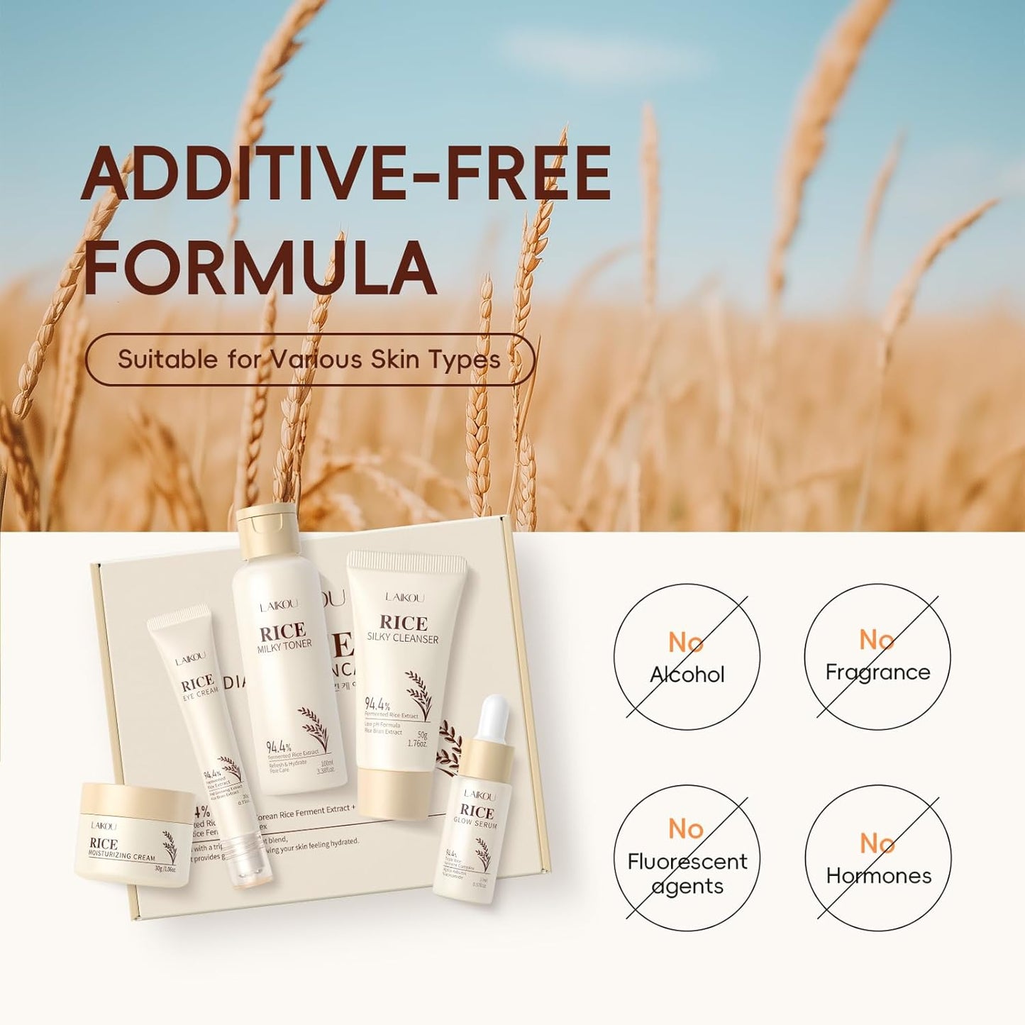 LAIKOU Korean Rice Skincare Set – Cleanser, Toner, Serum, Eye Cream & Moisturizer | 5-Piece Hydrating Face Care Kit for Women, Teens & Moms