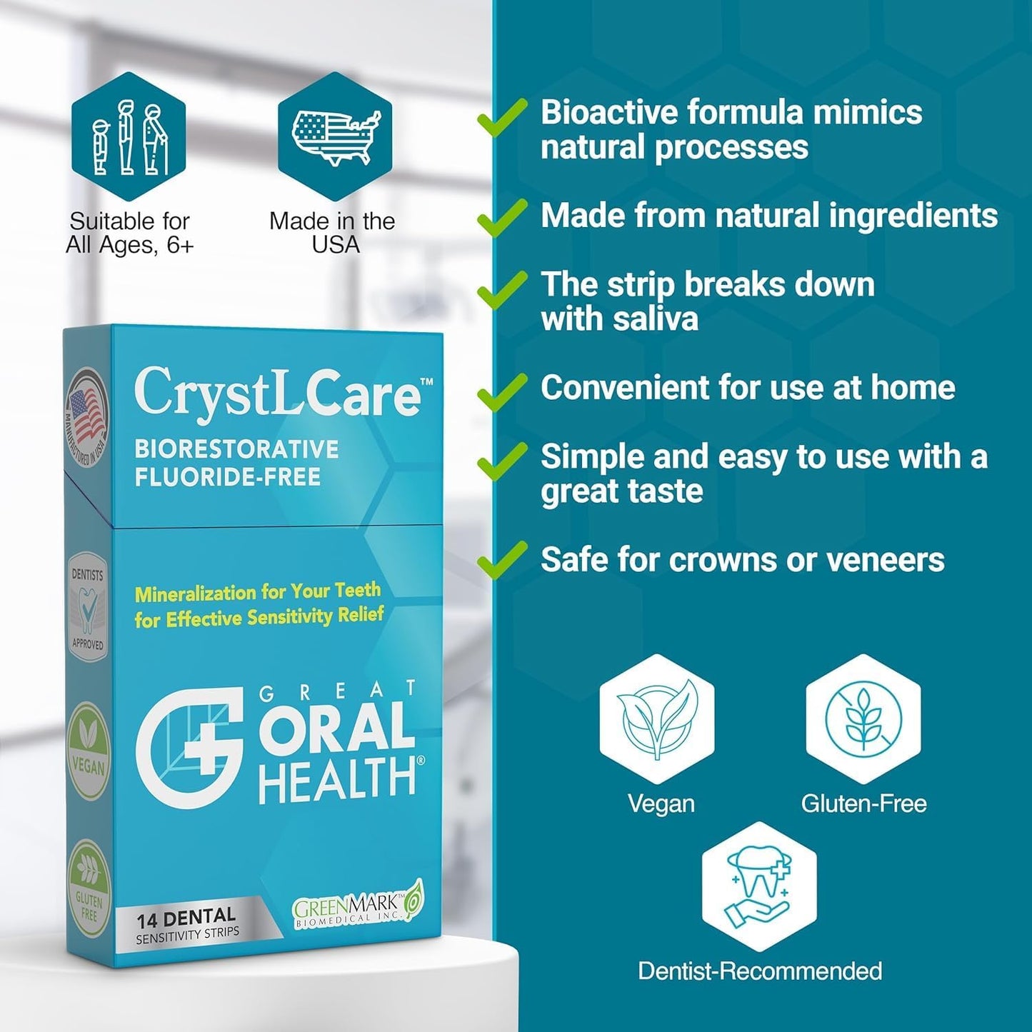 CrystLCare Tooth Sensitivity Strips – Enamel Repair & Long-Lasting Relief | Hydroxyapatite Remineralization for Adults & Kids (14 Count)