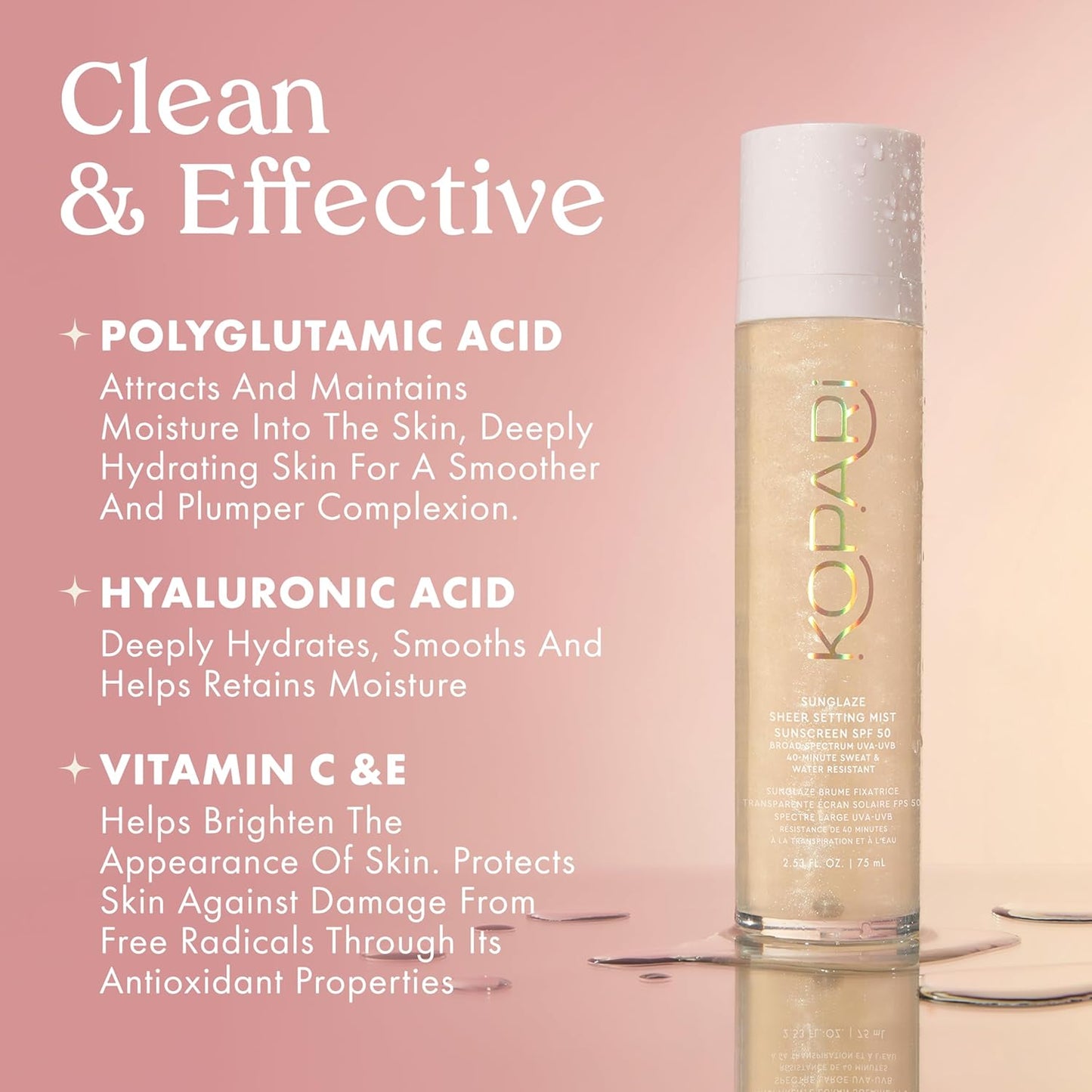 Kopari Sunglaze Sheer Setting Mist SPF 50 – Weightless Sunscreen Spray with Hyaluronic Acid & Vitamin C, Hydrating & Dewy Makeup Finishing Mist, 2.53 fl oz