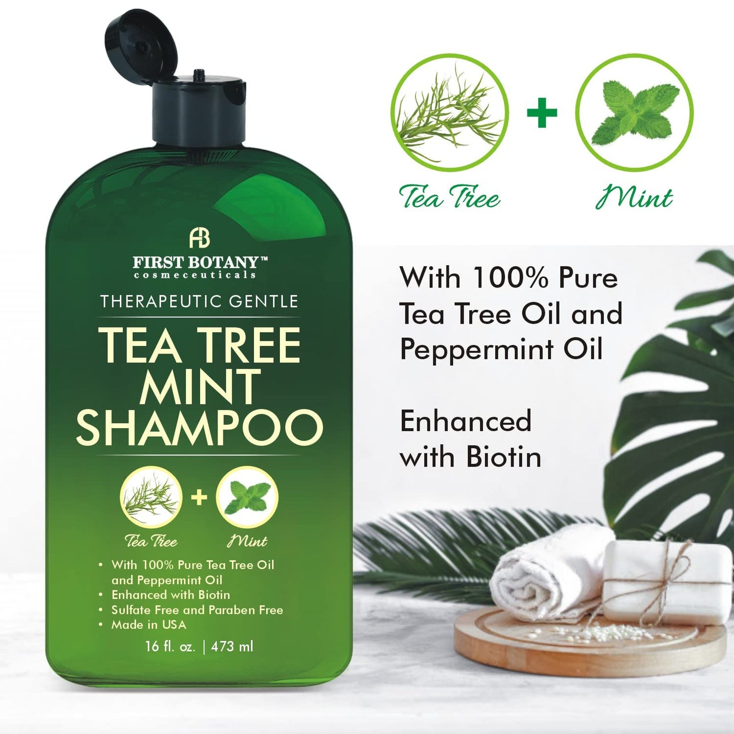 First Botany Tea Tree Mint Shampoo & Conditioner Set – Sulfate-Free Hair Growth & Anti-Dandruff Duo with Peppermint & Argan Oil – 16 fl oz Each, 2 Pack