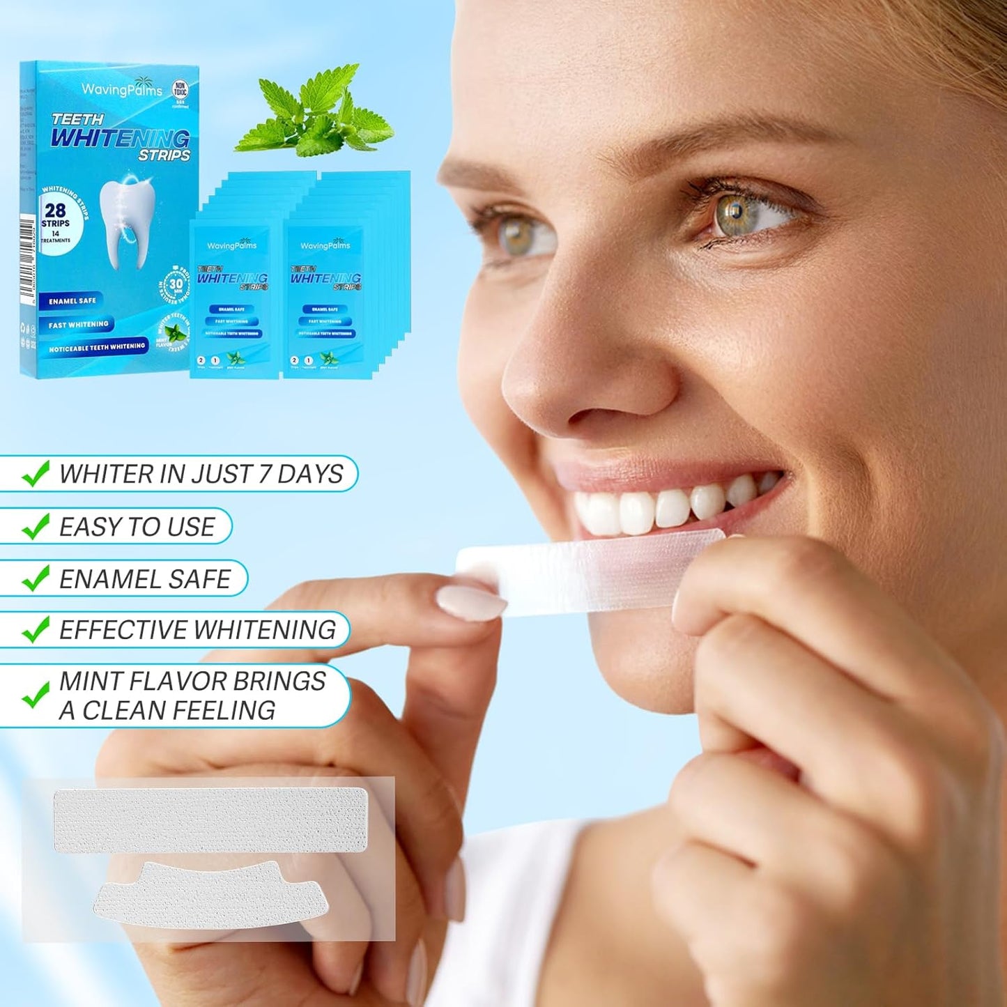 Waving Palms Teeth Whitening Strips – 28 Strips (14 Treatments) | Enamel-Safe, Fast Stain Removal & Professional Whitening Kit