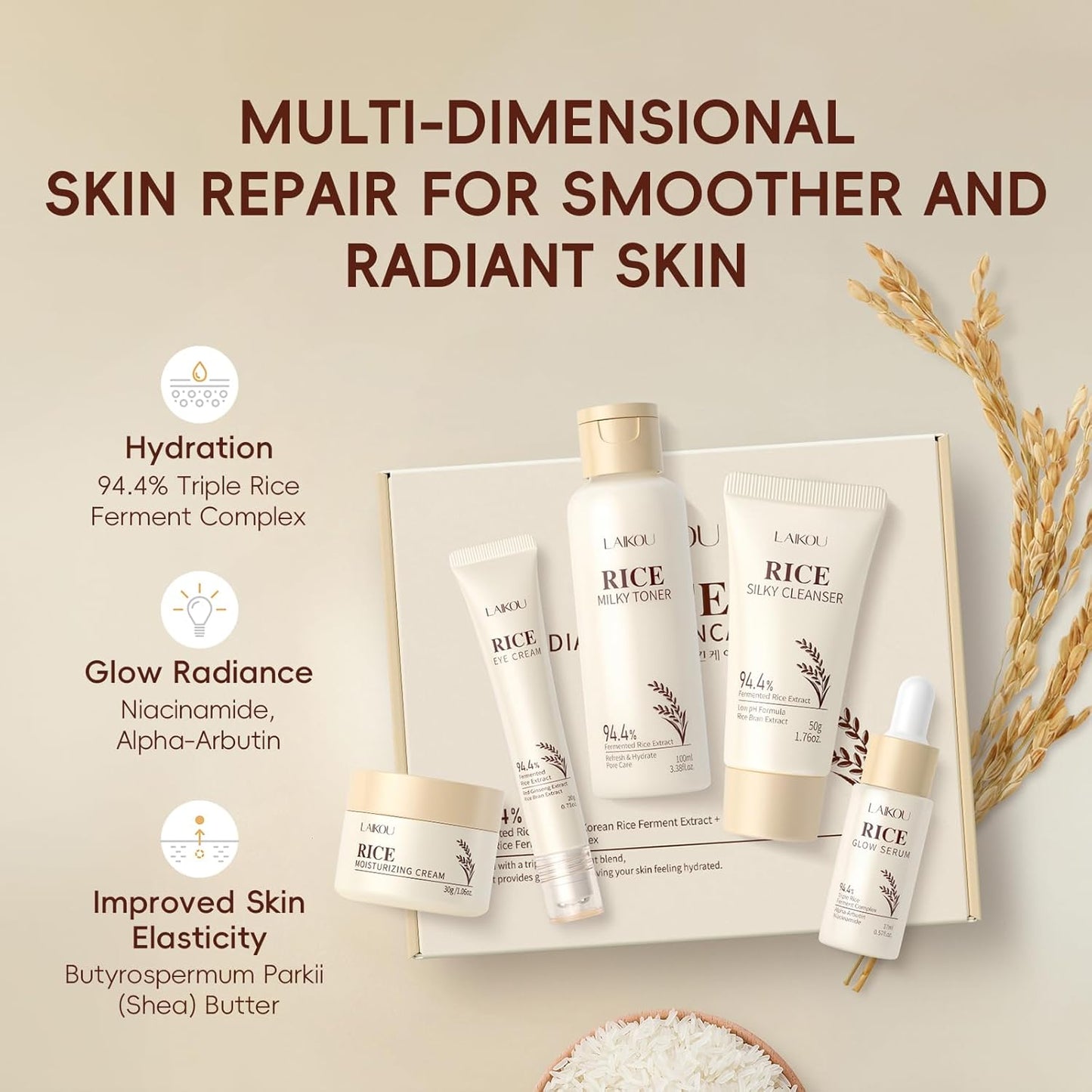 LAIKOU Korean Rice Skincare Set – Cleanser, Toner, Serum, Eye Cream & Moisturizer | 5-Piece Hydrating Face Care Kit for Women, Teens & Moms
