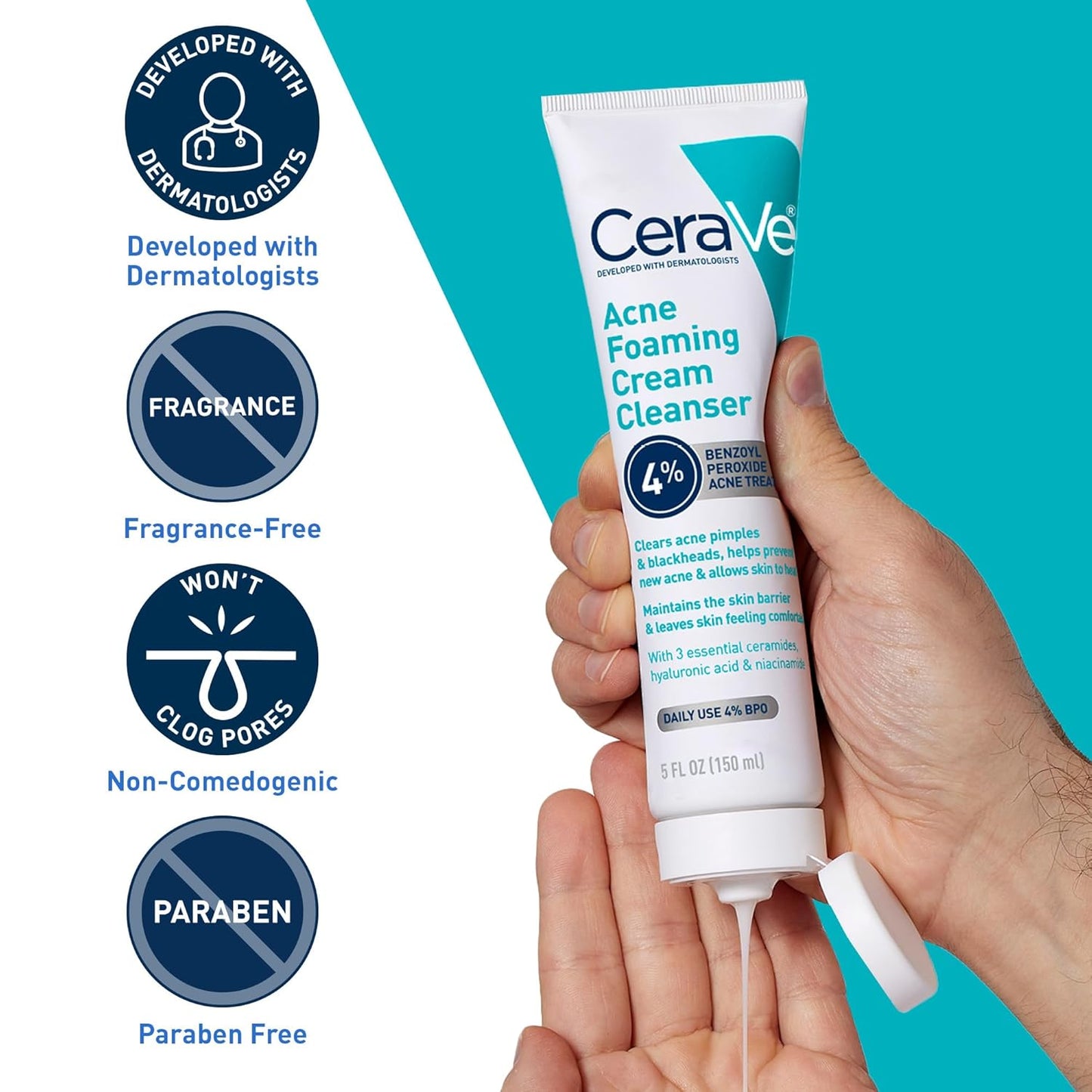 CeraVe Acne Foaming Cream Cleanser with 4% Benzoyl Peroxide & Hyaluronic Acid – Gentle Daily Acne Face Wash for Clear, Hydrated Skin