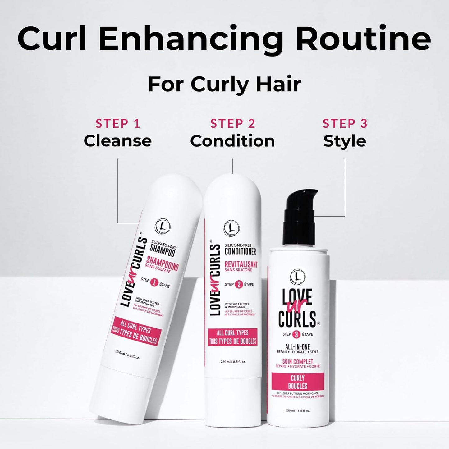 Love Ur Curls 3-Step System – Shampoo, Conditioner & Curl Cream Styler for Defined, Moisturized Curls – Sulfate-Free, Vegan, 8.5 oz Set