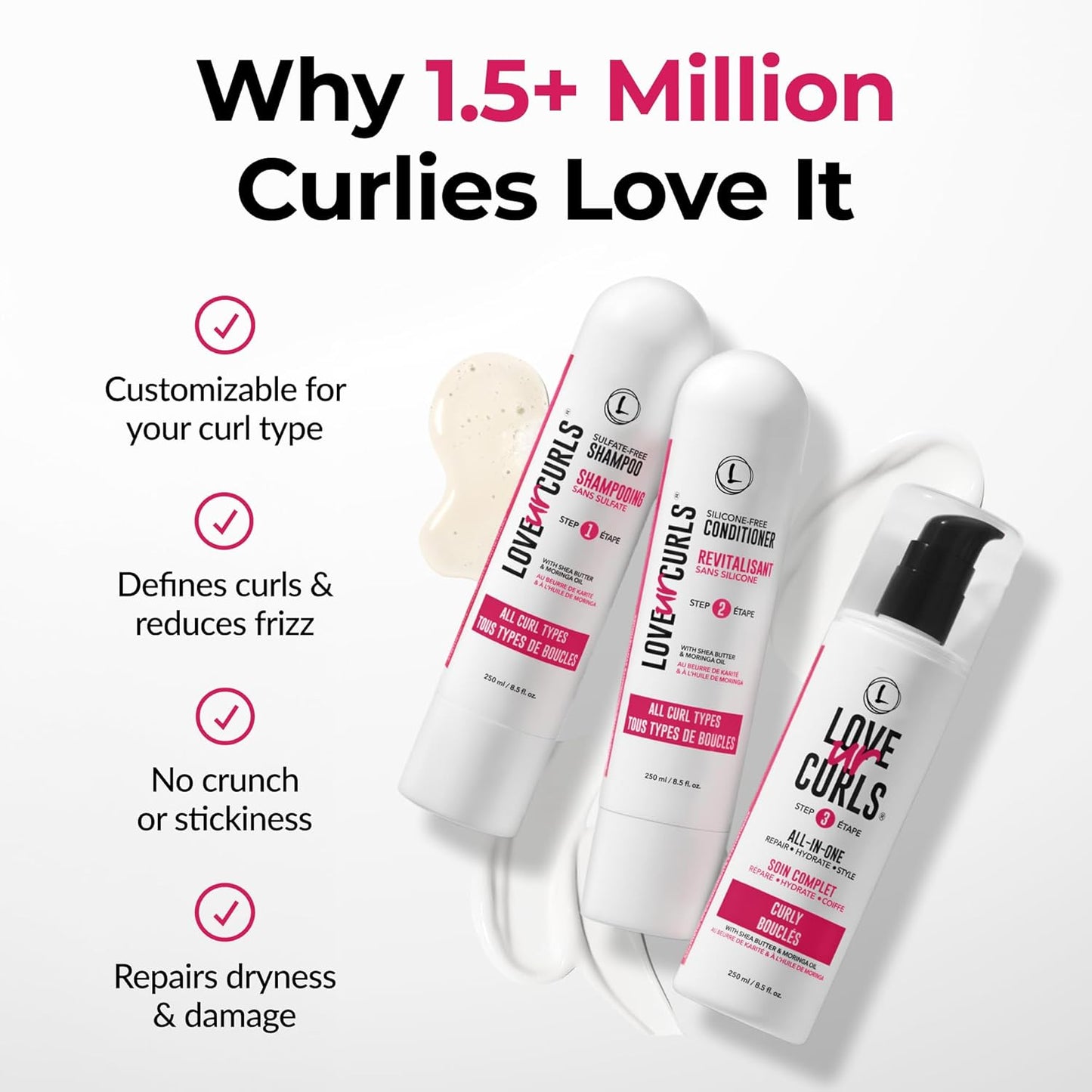 Love Ur Curls 3-Step System – Shampoo, Conditioner & Curl Cream Styler for Defined, Moisturized Curls – Sulfate-Free, Vegan, 8.5 oz Set