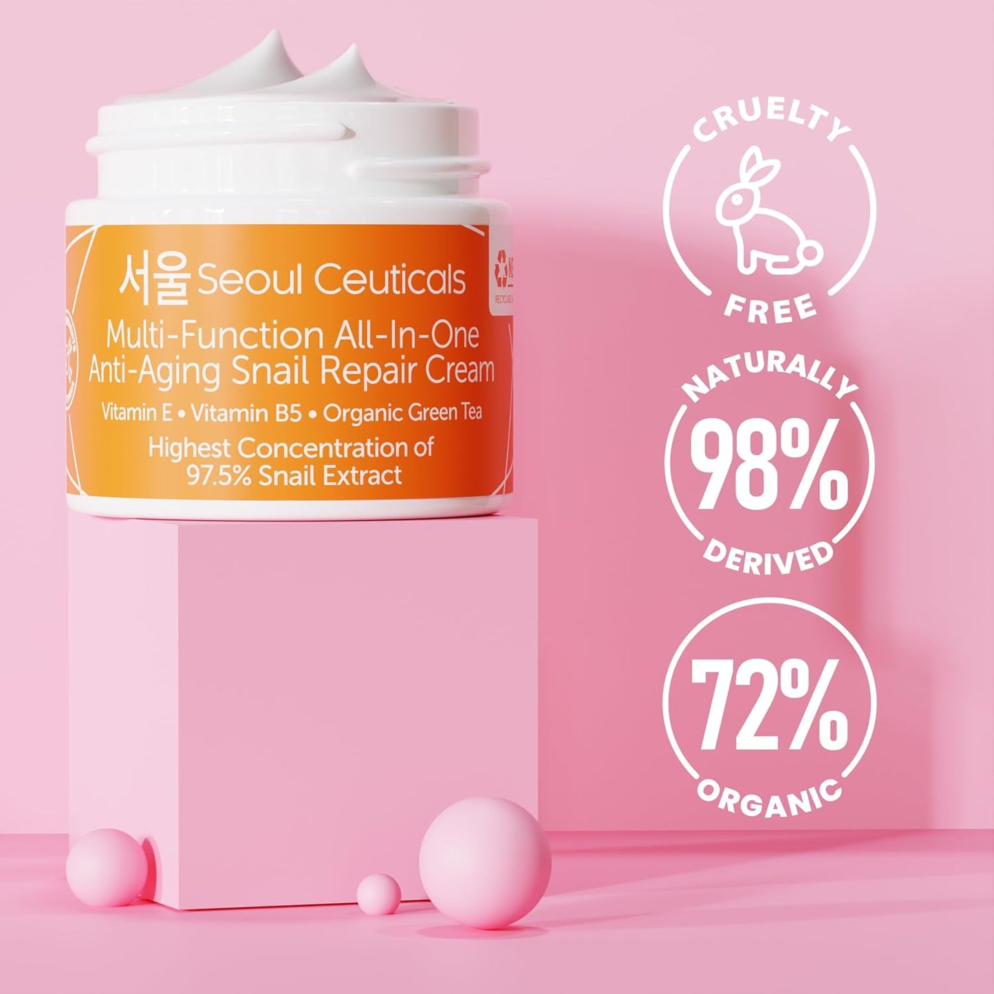 SeoulCeuticals Snail Mucin Moisturizer Cream 97.5% | Korean K-Beauty Day & Night Hydrating Repair Cream | Anti-Aging, Brightening & Cruelty-Free (2 fl.oz)