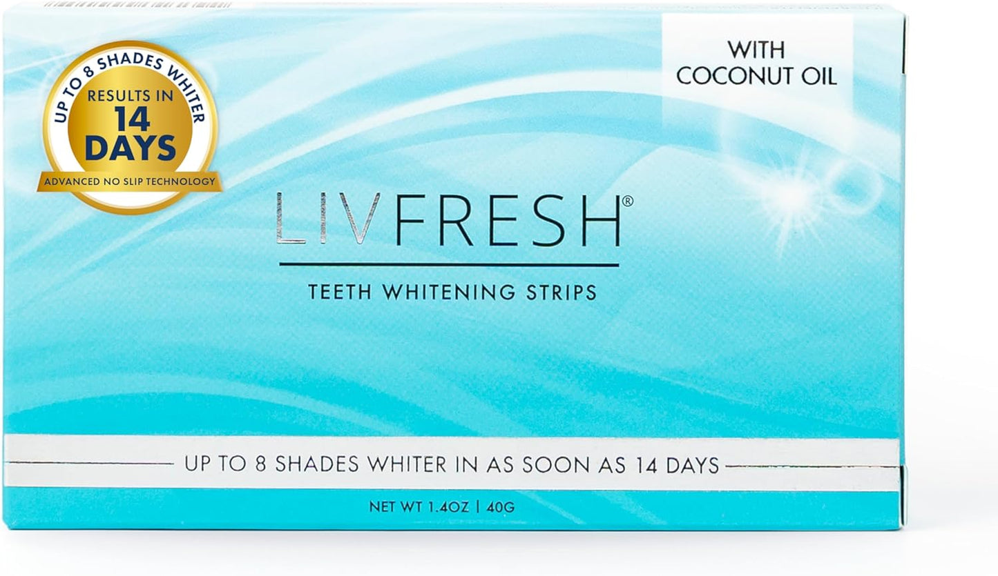 LIVFRESH Teeth Whitening Strips – 28 Strips (14 Treatments) | Enamel-Safe, Coconut Oil & Hydrogen Peroxide Formula, Gentle for Sensitive Teeth, Visible Results in 14 Days