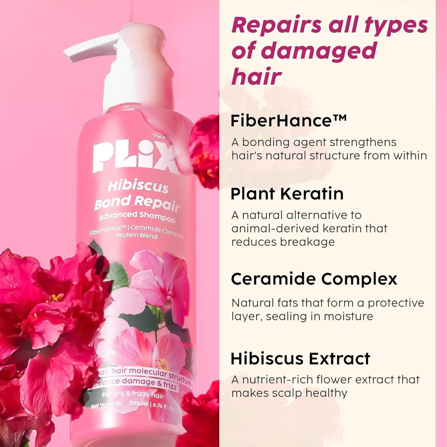 PLI'X Hibiscus Bond Repair Shampoo & Conditioner Set | FiberHance™ + TechnoHYAL Complex for Stronger, Hydrated, Frizz-Free Hair