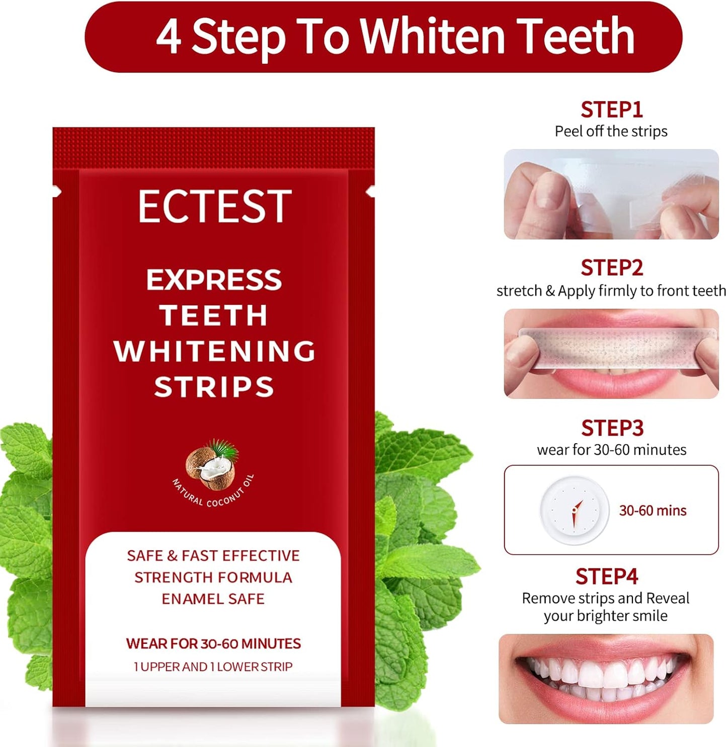 ECTEST Teeth Whitening Strips for Sensitive Teeth – Professional Coconut Flavor Whitening Kit, 14-Day Treatment (28 Strips)