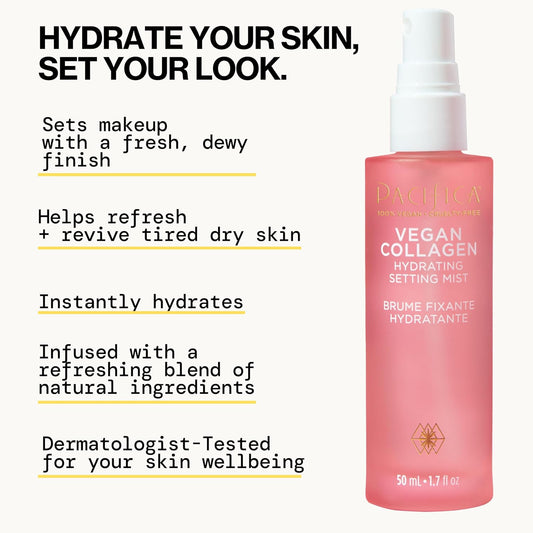Pacifica Vegan Collagen Hydrating Setting Mist – Dewy Illuminating Face Primer & Makeup Base with Squalane & Ceramides (1.7oz)