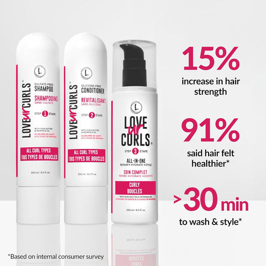 Love Ur Curls 3-Step System – Shampoo, Conditioner & Curl Cream Styler for Defined, Moisturized Curls – Sulfate-Free, Vegan, 8.5 oz Set