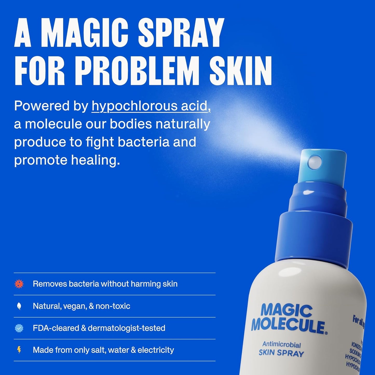 Magic Molecule Hypochlorous Acid Skin Cleanser Spray – Multi-Purpose Acne, Eczema & Rash Relief, Gentle & Safe for All Ages, Unscented, 8 oz