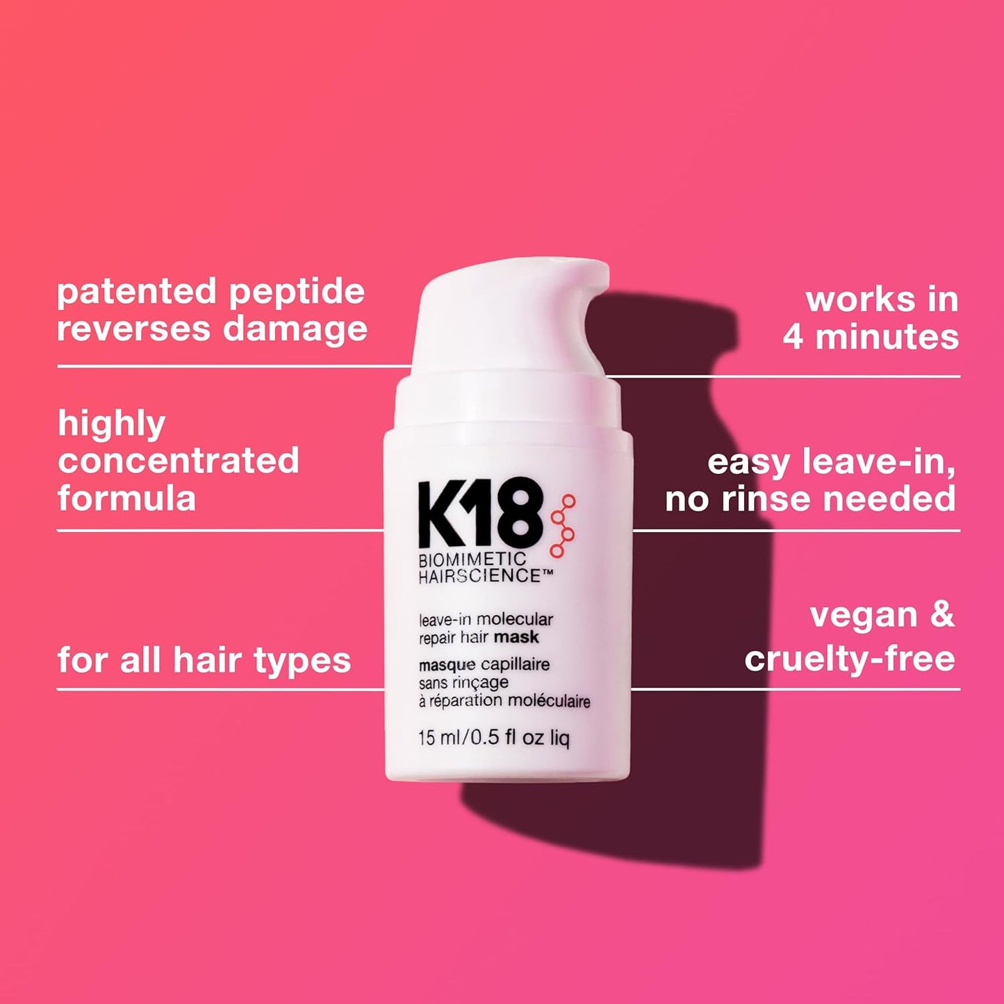 K18 Leave-In Molecular Hair Mask – Repairs & Restores Damaged Hair (1 oz)