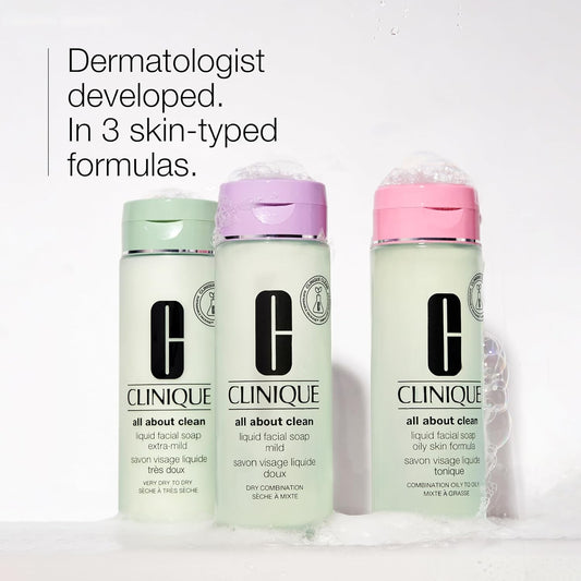 Clinique All About Clean Liquid Facial Soap – Gentle 3-Step Cleanser for Dry to Combination Skin, Unscented (6.7 fl oz)