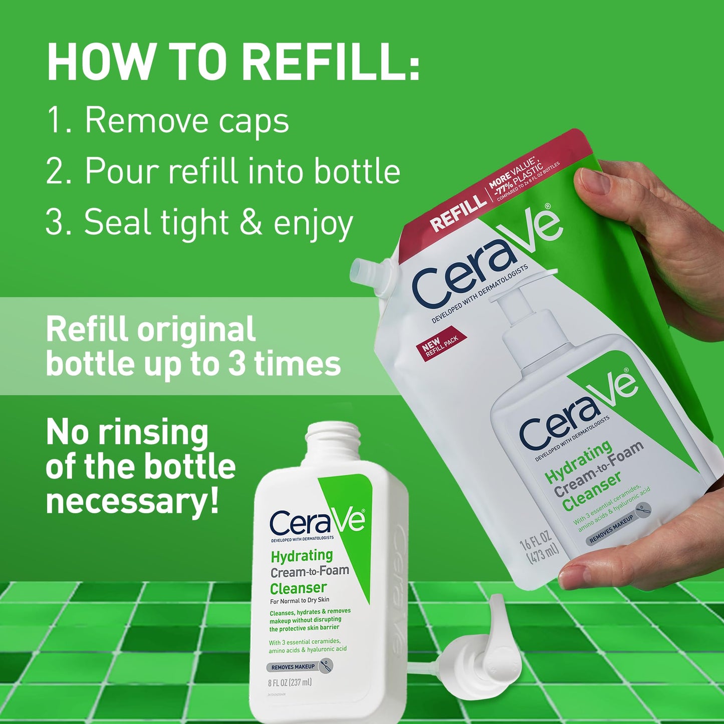 CeraVe Hydrating Cream-to-Foam Cleanser – 16 oz Refill, Makeup Remover & Face Wash for Dry Skin