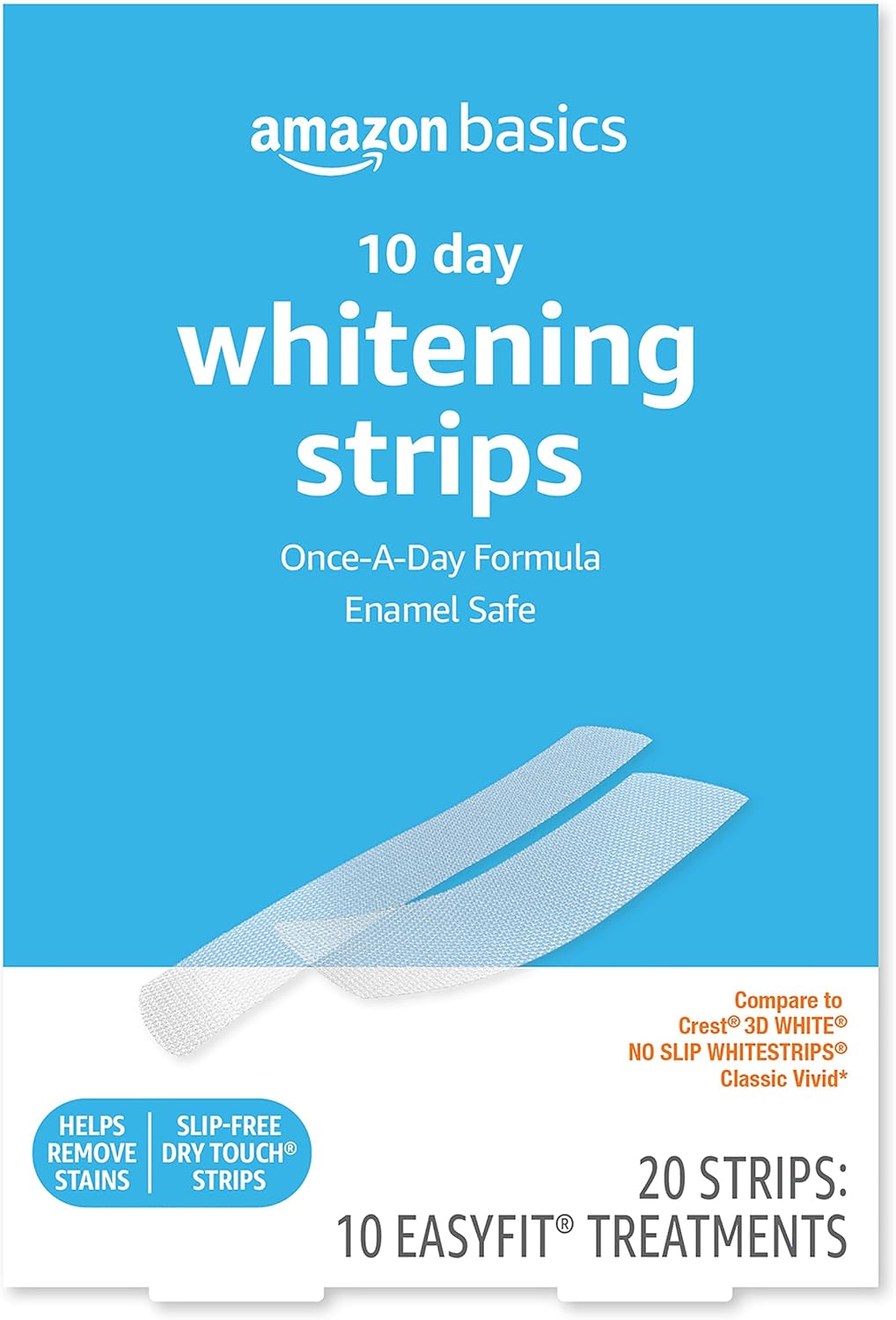 Amazon Basics 10-Day Teeth Whitening Strips Kit – Enamel-Safe, No-Slip, Easy 30-Min Whitening (20 Strips)