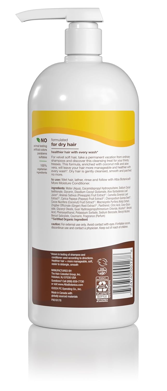 Alba Botanica More Moisture Shampoo with Coconut Milk | Hydrating Formula for Dry Hair | 32oz