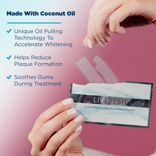 LIVFRESH Teeth Whitening Strips – 28 Strips (14 Treatments) | Enamel-Safe, Coconut Oil & Hydrogen Peroxide Formula, Gentle for Sensitive Teeth, Visible Results in 14 Days